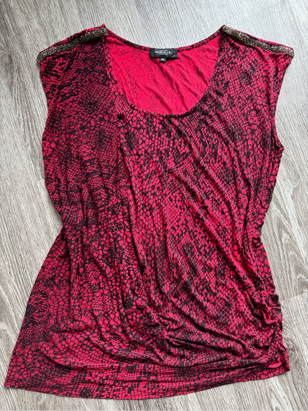 Michel Studio Y2K Red and Black Snake-Print Slouchy Top with Gold Shoulder Trim